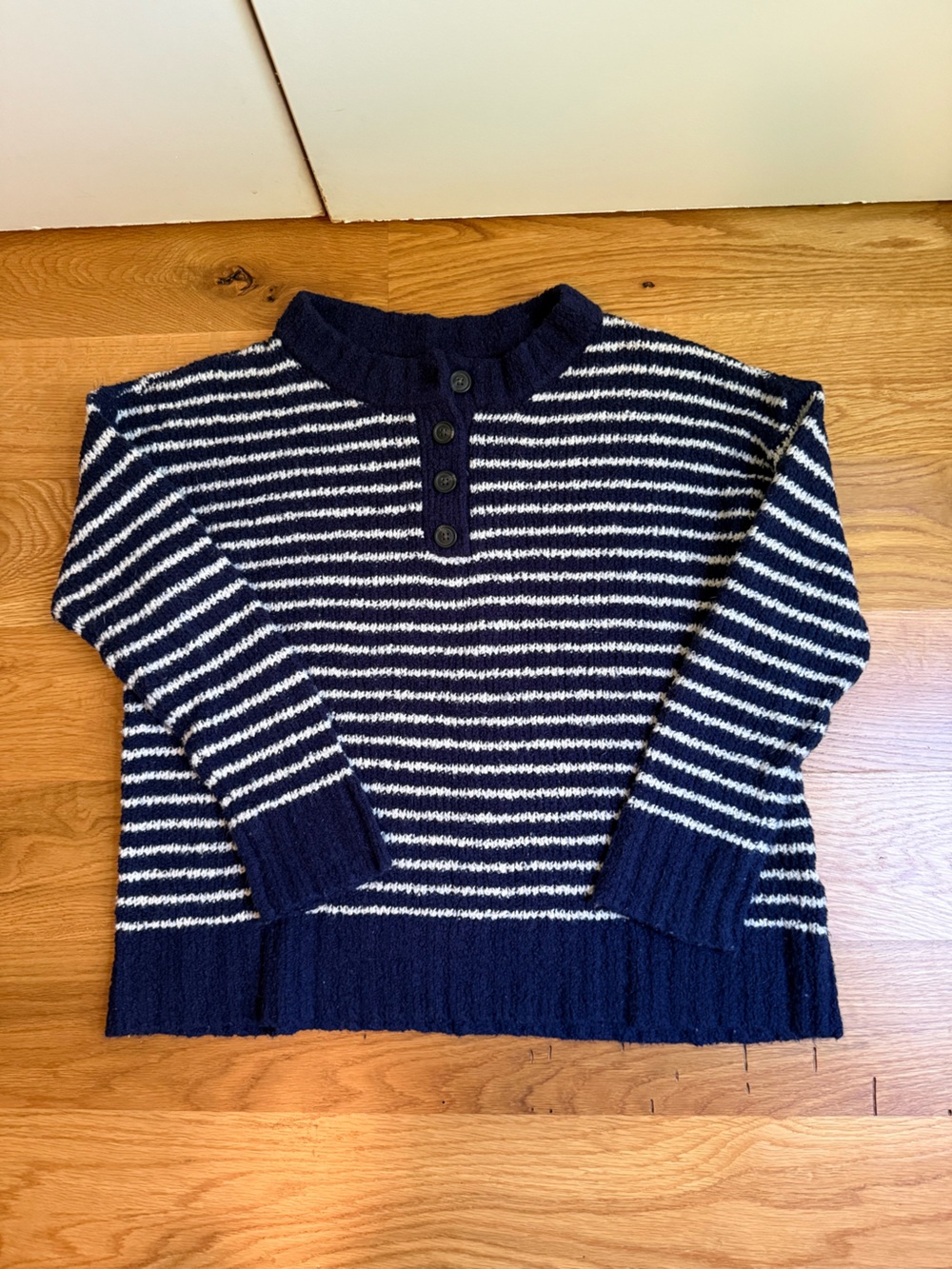 American Eagle Outfitters Navy and White Striped Henley Crewneck Sweater